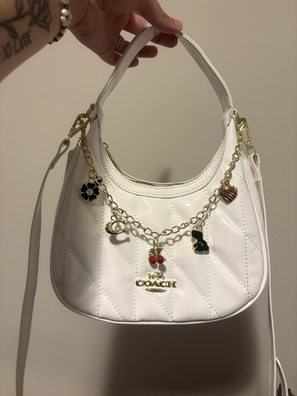 Coach White Quilted Patent Shoulder Bag with Gold Charm Chain